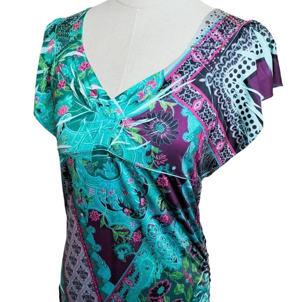 (392) Style & Co Multicolor Floral Print V Neck Pullover Top Size S